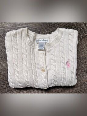 Ralph Lauren Cream Cable-Knit Button Cardigan with Pink Pony